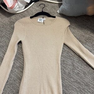 Mango Beige Ribbed Knit Long Sleeve Dress
